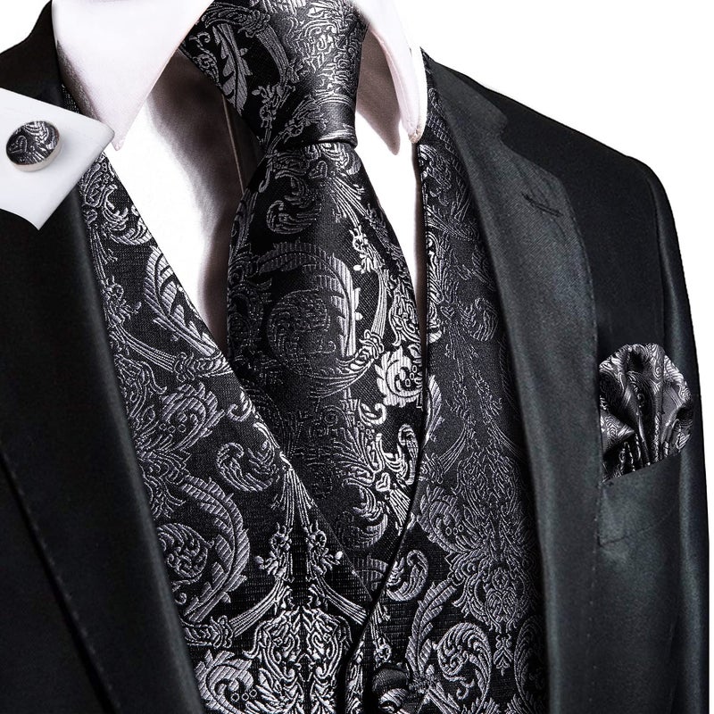 Hi-Tie Stylish Black Silver Silk Floral Mens V-Neck Vest and Tie Jacquard Formal Dress Waistcoat for Tuxedo Wedding Party Business - Image 2